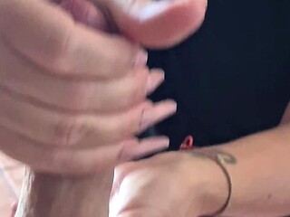 Proud MILF wife jerks off her hubby's small dick