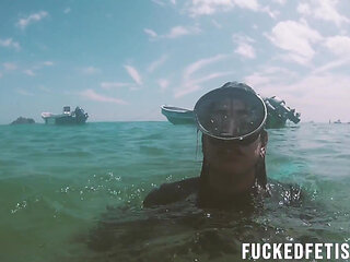 Free Diving Fins Under Open Sea Sexy Latina Goddess