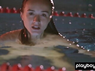 Petite small titted swimmer babe Vi Shy posing naked on the starting block