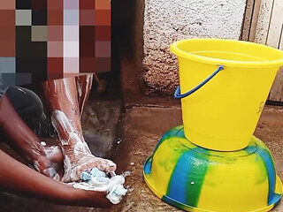 Outdoor Bathing My Pregnant Girlfriend in Dirty Environment