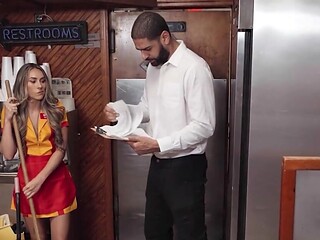 Waitress in a slutty uniform uses toys and random cocks