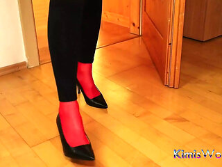 Red Stockings, High Heels & Black Leggings Tease