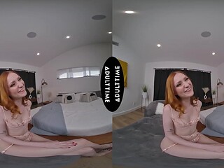 Up close VR: redhead in lingerie teases then takes hard POV fuck