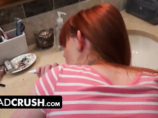 Petite Redhead Stepdaughter Surprised by Stepdad's Cock in Bathroom - Blowjob & Facial