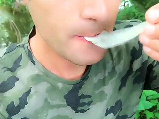 Twink Has a Fresh Cum From Used Condom Till Last Drop Outdoor