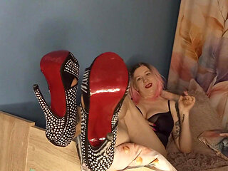 Lady Angela Makes You Kneel and Worship Her Red Bottom High Heels While She Is Relaxing with Her Vape