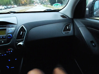 Elegant mature milf in a skirt and stockings teases her driver in the car in the morning with her sexy legs