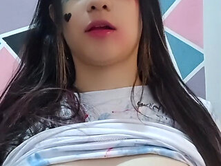 Naughty college girl touches her rich tits