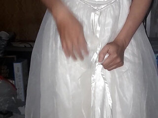 Cum flows on satin wedding dress