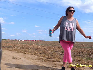 Outdoor peeing of a girl with large breasts - She had to pee twice because her bladder was so full