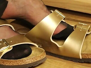 Golden Mules & Black Nylons - Sensual Shoe Removal