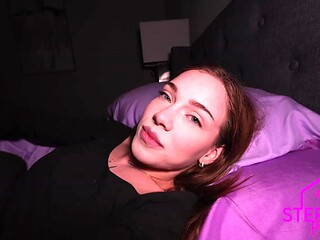 Cute step sis shares her bed with POV blowjob action