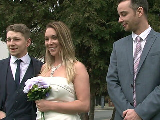 Brunette babe in wedding dress gets fucked hard