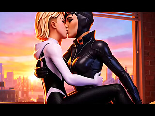 Spider-Gwen x Catwoman lesbian kissing (Spiderman into the spiderverse, Injustice 2/AI generated)