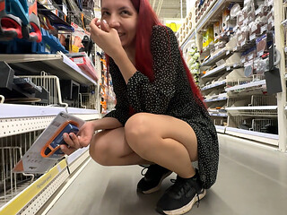 She shows a pink pussy in the store. He gives her cum in the ass and licks all the cum asshole