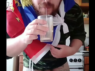 Big Russian cock cums during masturbation! Fresh cum in the mouth and on the face of this hungry gay man