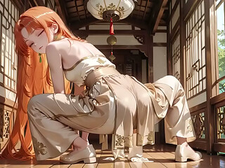 AI Generated - Orange-haired Geisha Girl! Sun-drenched Japanese wooden room, she kneels to adjust her sash, a lazy glance that makes you wet instantly.