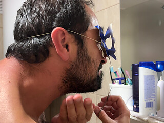 Grooming Routine Earl Smile Trimming Beard With Scissors In Bathroom