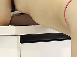 Asian Maid in Pink T-back Seduced Daddy to Fuck in the Kitchen, Pussy Dripping