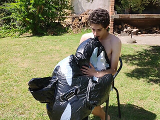 Beautiful Man Inflates His Inflatable Whale Near Pool Outside