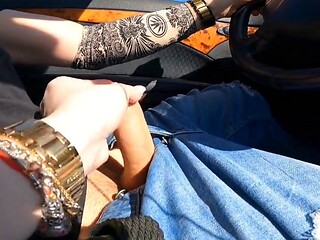 Handjob While Driving, Making Him Cum Hard!